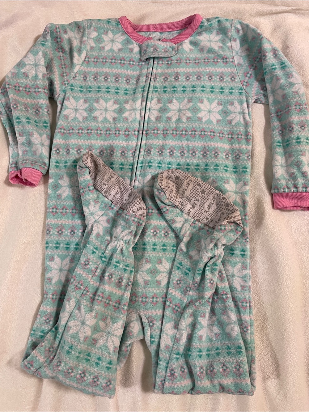 ❤️Carter's Mint and Pink Snowflake Fleece Footed Pajamas